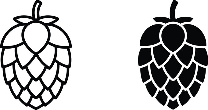 Hops Cone Icon Set featuring black and white hop flower symbols, brewing ingredients, craft beer elements, botanical plants, and editable vector illustrations.