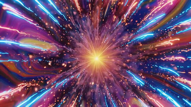 Colorful abstract explosion bursts with energetic light trails in psychedelic patterns during celebration