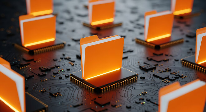 Digital data storage concept with orange folders standing on a computer circuit board.