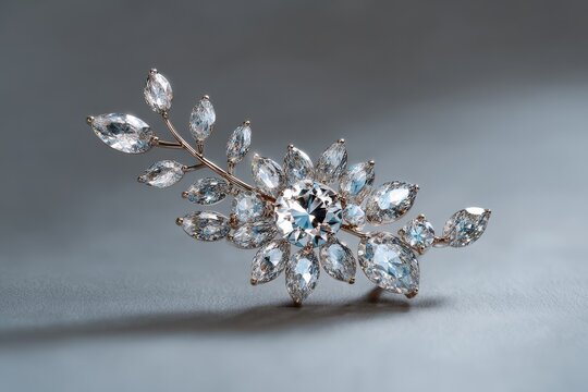 An exquisite crystal floral brooch, detailed with sparkling marquise and round cut stones, lies elegantly on a muted grey backdrop.