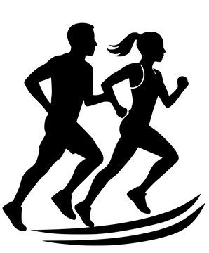 Running man and woman, isolated vector silhouettes. Run, side view. Silhouettes of athletic looking male and female runners running. JPEG version.