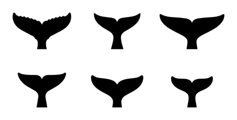 Whale Tail Silhouettes, Marine Mammal Fluke Icons, Ocean Wildlife Vector Set © SharikaShammi