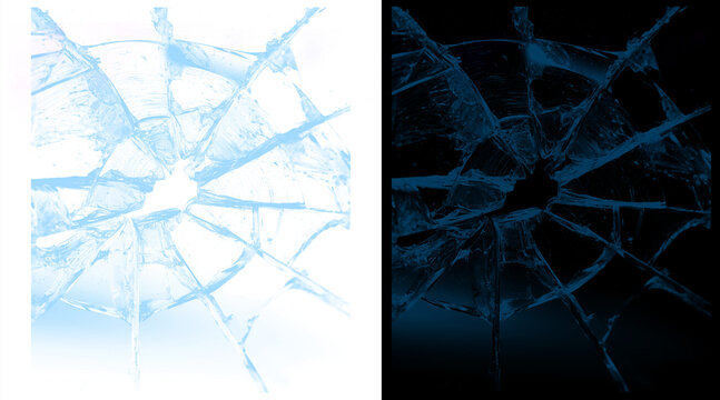 Shattered glass texture with radial cracks, broken window pane effect on white and black backgrounds, blue ice crystal shards and splintered glass surface