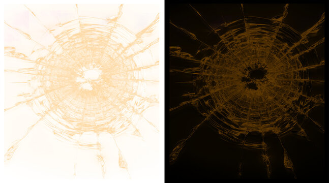 Shattered glass texture with radial cracks, broken window impact pattern on white and black background, cracked glass overlay for design