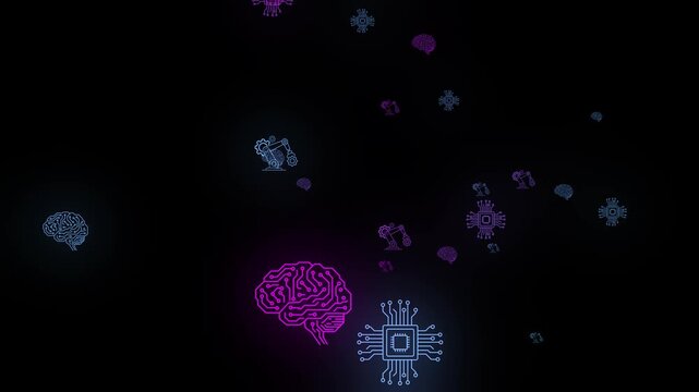 Artificial intelligence concept with brain and chip icons, digital technology theme