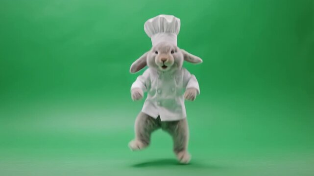 Cute Bunny Chef Dancing Joyfully in Studio Lighting with Green Screen Background