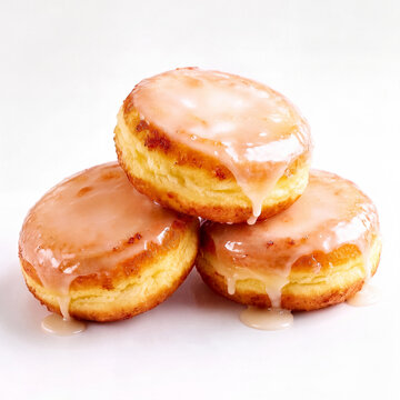 A delectable trio of freshly baked donuts, generously covered in sweet dripping glaze, piled artfully on a pristine white background, perfect for a sugary treat.