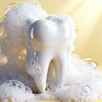 A Perfectly Rendered White Molar Tooth Model Enveloped in a Lush Cloud of Gleaming Soap Foam and Sparkling Bubbles