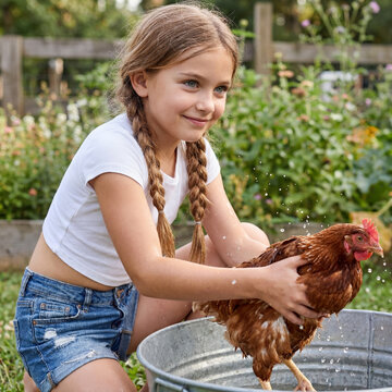 A Joyful Young Girl Bathes Her Pet Chicken in a Water Tub Amidst a Lush Green Outdoor Garden
