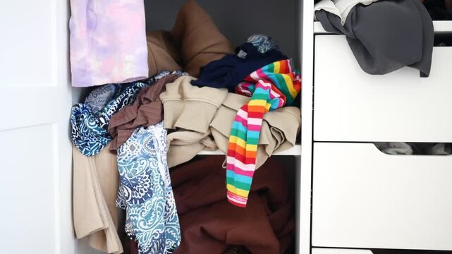A close up messy shelf in a closet, with different pieces of clothing on it, including a colorful striped shirt and patterned pants, concept of disorganization, chaos and cleaning