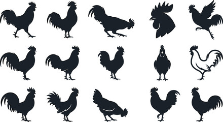 Rooster Silhouette Collection with Chicken Profile Icons, Standing and Pecking Poses, Poultry Head Symbols, and Farm Bird Vector Set © MstSuborna
