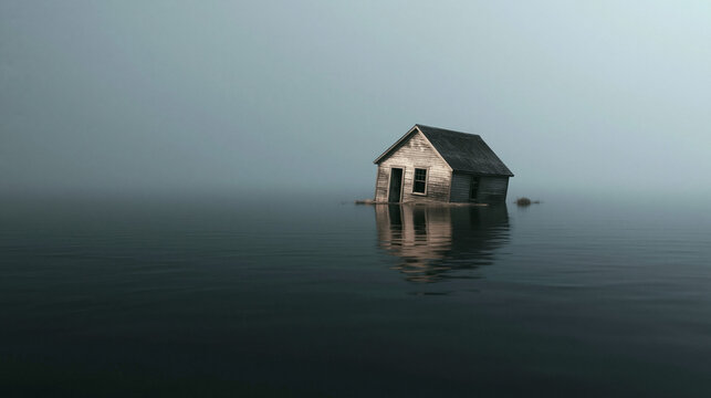 Dilapidated House in Foggy Water: An old, weathered house stands precariously submerged in murky water, shrouded in an eerie, thick fog. The scene evokes a sense of desolation and mystery.