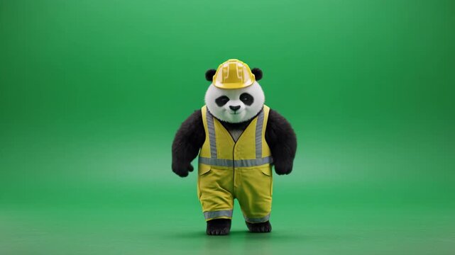 Cute panda character in yellow overalls dancing and jumping with joy against a vibrant green background in cinematic motion