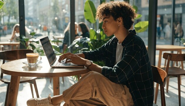 Young Male Freelancer Working on Laptop in Sunlit Modern Coffee Shop