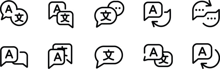 Language Translation Icon Set featuring multilingual communication symbols, translation tools, global language concepts, website interface elements, and editable vector illustrations. © GAjam