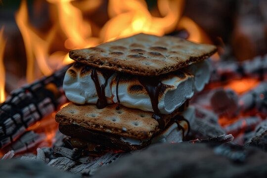 Double smore stacked near campfire flames