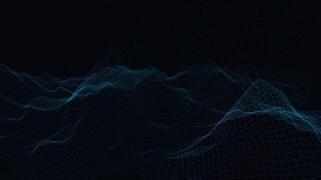 Glowing neon wireframe waves undulate beneath a field of drifting particles. This seamless futuristic loop is perfect for a technology presentation background or event display.