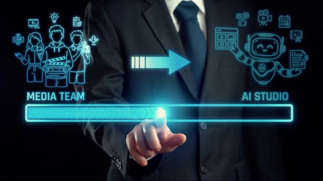 Innovative Transition from Media Team to AI Studio in a Modern Digital Workflow Representing Technology Advancement and Collaboration in Creative Projects. Liminal.