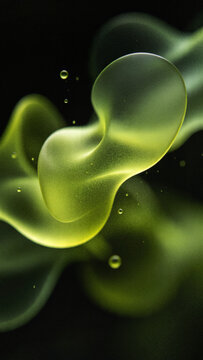Abstract olivine green blurred frosted glass wavy aura ribbon background with grainy holographic texture droplets vertical composition for mobile device wallpapers.