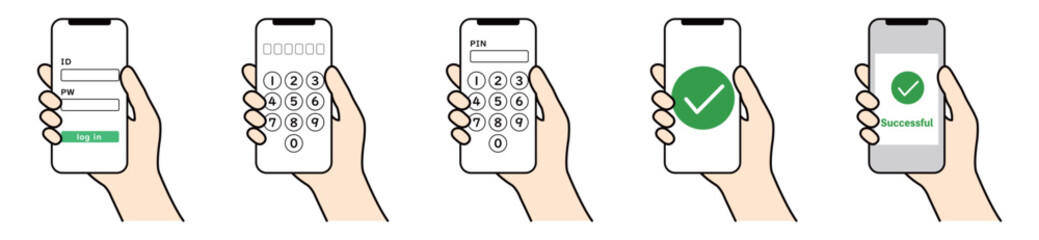 スマホでIDログインや暗証番号入力と承認を行う手元のイラストセット © color