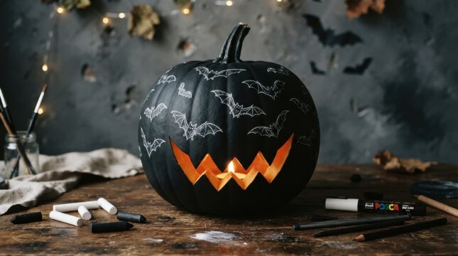 Decorated Black Pumpkin with White Painted Pattern
