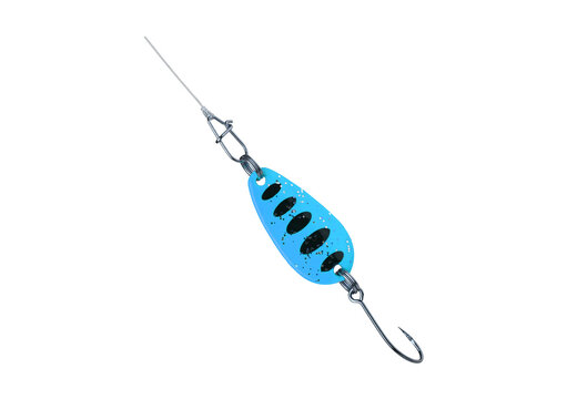 Blue metal fishing lure with black spots and sharp fish hook is.