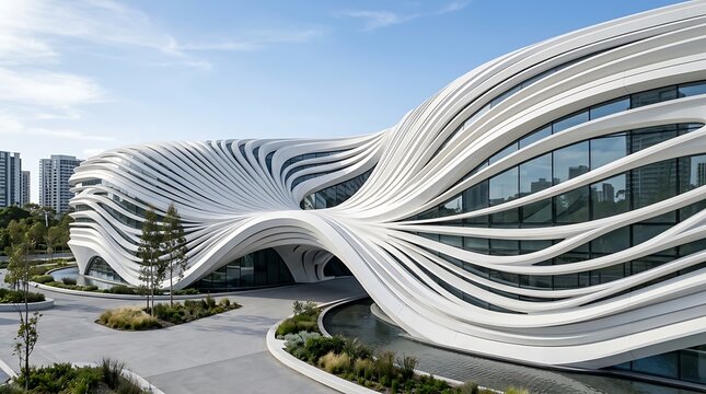 Futuristic parametric architecture building with flowing design. Modern innovative structure showcasing dynamic curves and sleek lines.