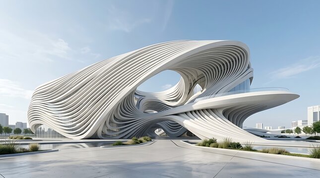 Futuristic parametric architecture building with flowing design. Modern innovative structure with organic curves, architectural marvel for urban de...