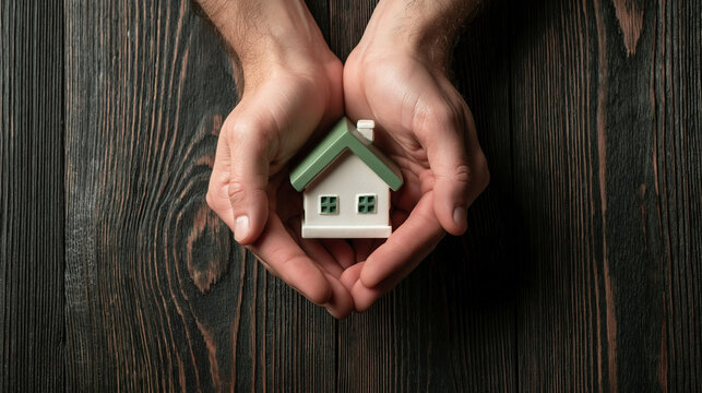 Caring Hands Hold a Miniature House: Two hands gently cradle a small, idealized house, symbolizing security, home ownership, and shelter. A representation of real estate and protection.