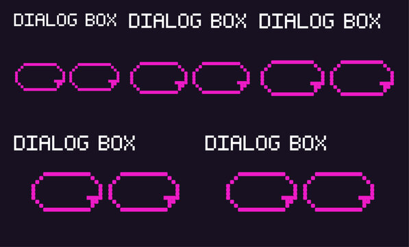 Hand drawn vector doodle set of 8 bit pixel art dialog box elements. Features retro gaming message windows, pixel chat bubbles, and UI panels for digital interfaces