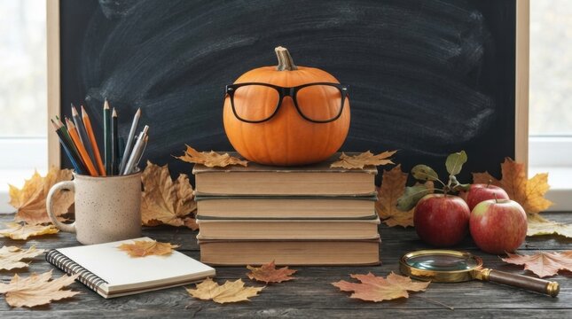 Back To School Pumpkin On Stack Of Books