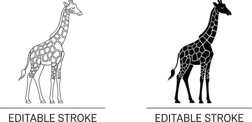 Minimal Giraffe Icon Set featuring elegant animal vector illustrations, editable stroke outlines, wildlife symbols, safari themes, nature elements, and modern design graphics. © GAjam