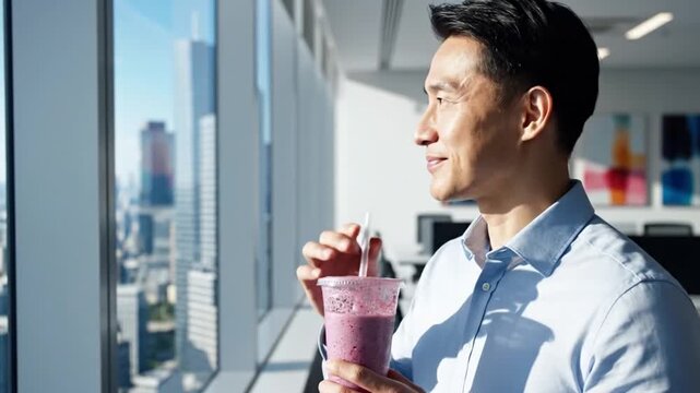 man sipping smoothie in modern office with large windows overlooking cityscape side view close-up shot relaxing and casual blue shirt glass cup desk healthy eating lifestyle setting.