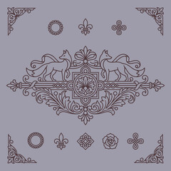 Ornate vintage decorative elements with horses and fleur de lis. © e8studio