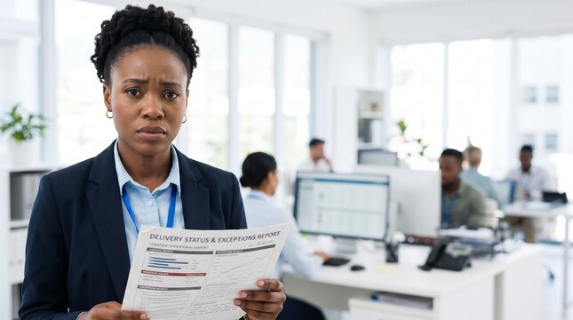 Worried Black businesswoman holding delivery exception report in office