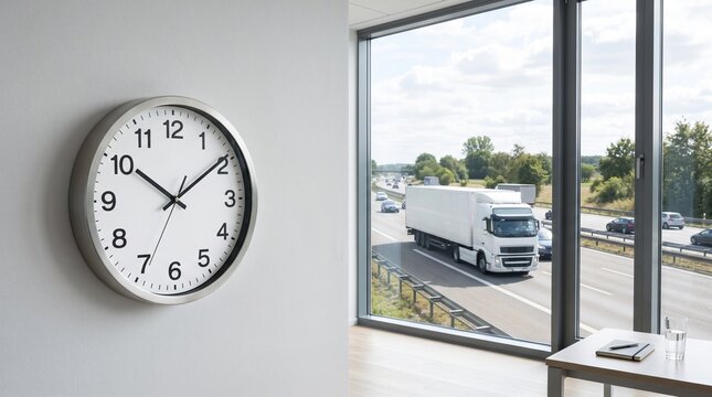 Wall clock in office overlooking semi truck driving on highway