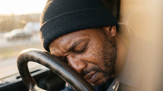 Exhausted Black male truck driver resting head on steering wheel