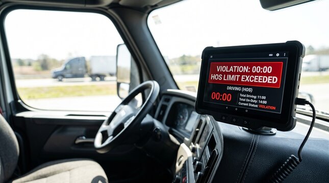ELD screen displaying hours of service violation in truck cab