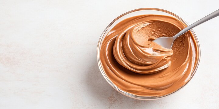 Smooth hazelnut chocolate spread swirled in a glass bowl with a silver spoon, representing plant based eating.