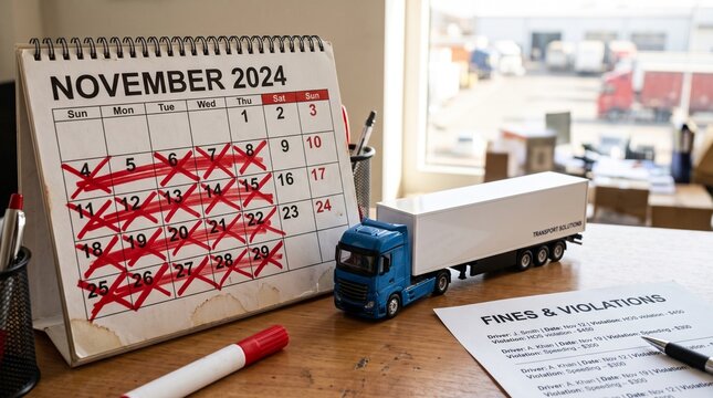 Toy truck next to calendar and traffic violation document on desk