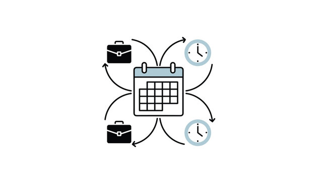 Time management and scheduling concept illustration showing a central calendar surrounded by briefcases and clock icons.