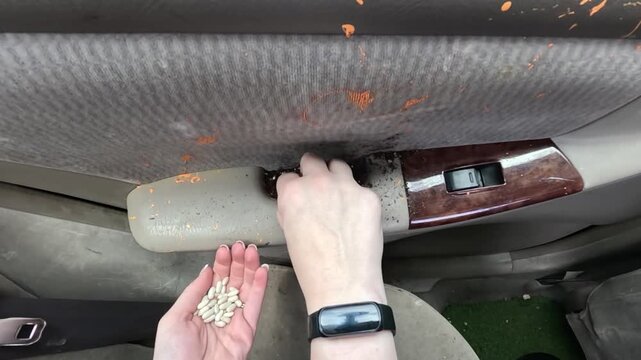 hands pressing button in car interior with neutral mood and first-person perspective, plastic, wood.