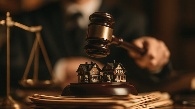 Legal Resolution for Property Dispute: A judge's gavel hovers over miniature houses, symbolizing a legal decision on a property case.