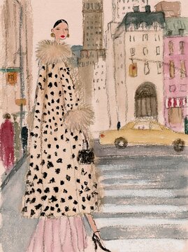 Fashionable woman in a spotted coat on a city street with taxi