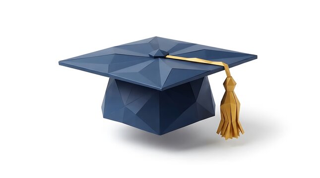 Low poly 3D dark blue graduation cap mortarboard with golden tassel for academic education concept