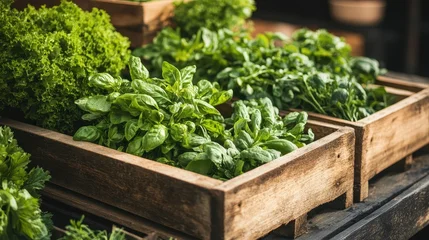 Fresh green basil and vibrant leafy lettuce filling rustic wooden boxes. Organic produce for wholesome plant based diet preparation. © Tetiana