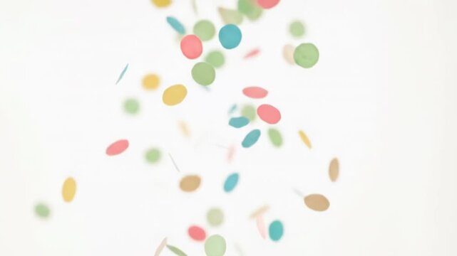 Colorful paper confetti falling against a clean and bright white background