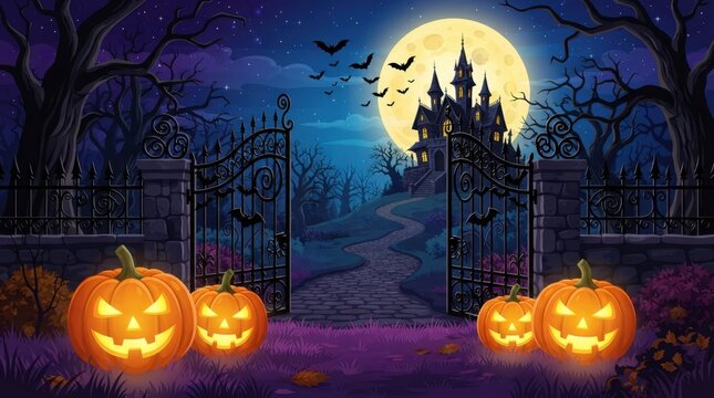 Spooky Halloween Castle Gate With Glowing Pumpkins