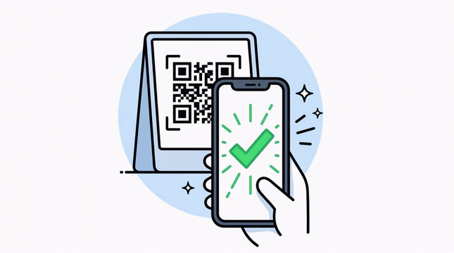 Vector illustration of contactless mobile payment using qr code scanner,Smart phone screen displaying successful transaction via qr code scan,Mobile phone showing green check mark after scanning qr co