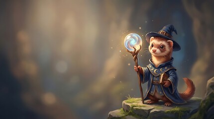 Little ferret mage in a blue wizard robe holding a glowing staff © Gaho